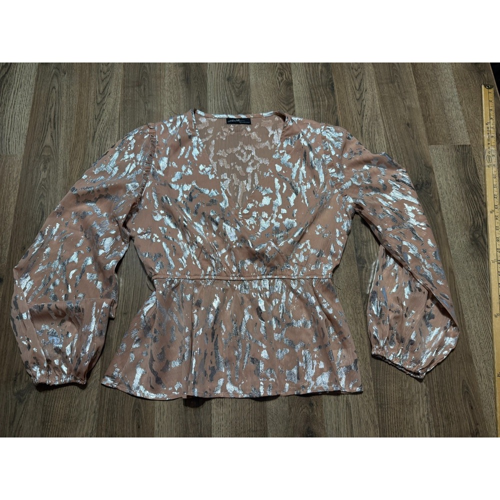 Ontwelth Shirt, Women's Size Large, Brown Silver, Long Sleeve, V-neck